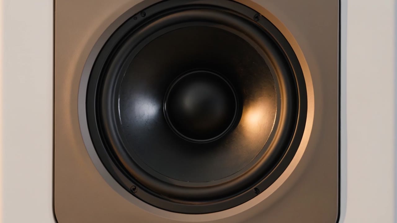 Fotograma del film de Kamara: el woofer de una bocina Lyngdorf FR-2 en primer plano